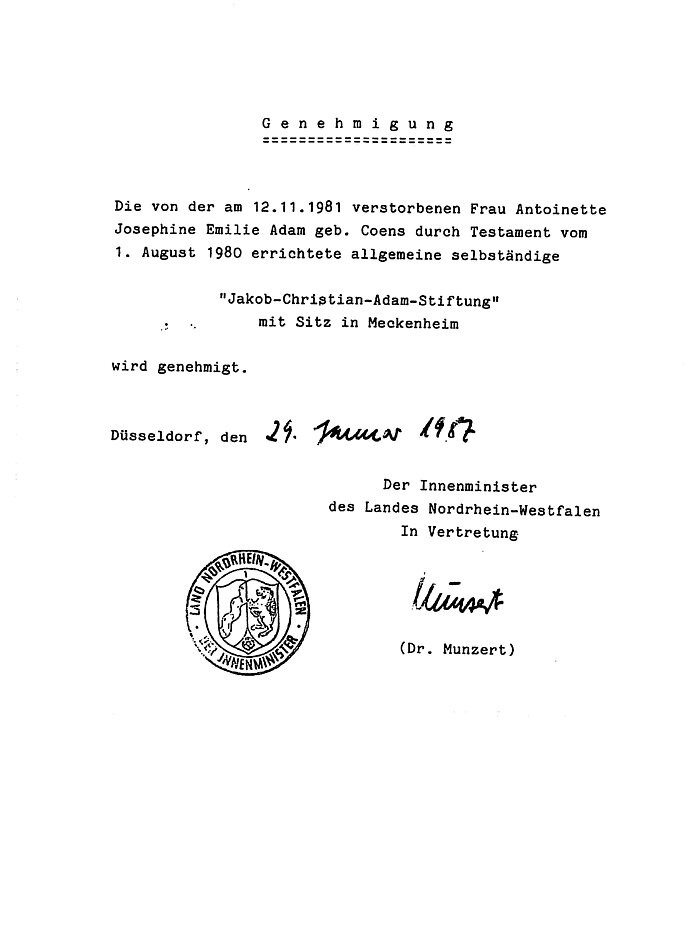 Das Dokument zeigt die Gründungsgenehmigung der Jakob-Christian-Adam-Stiftung. Die Genehmigung wurde am 29. Januar 1987 in Düsseldorf ausgestellt.